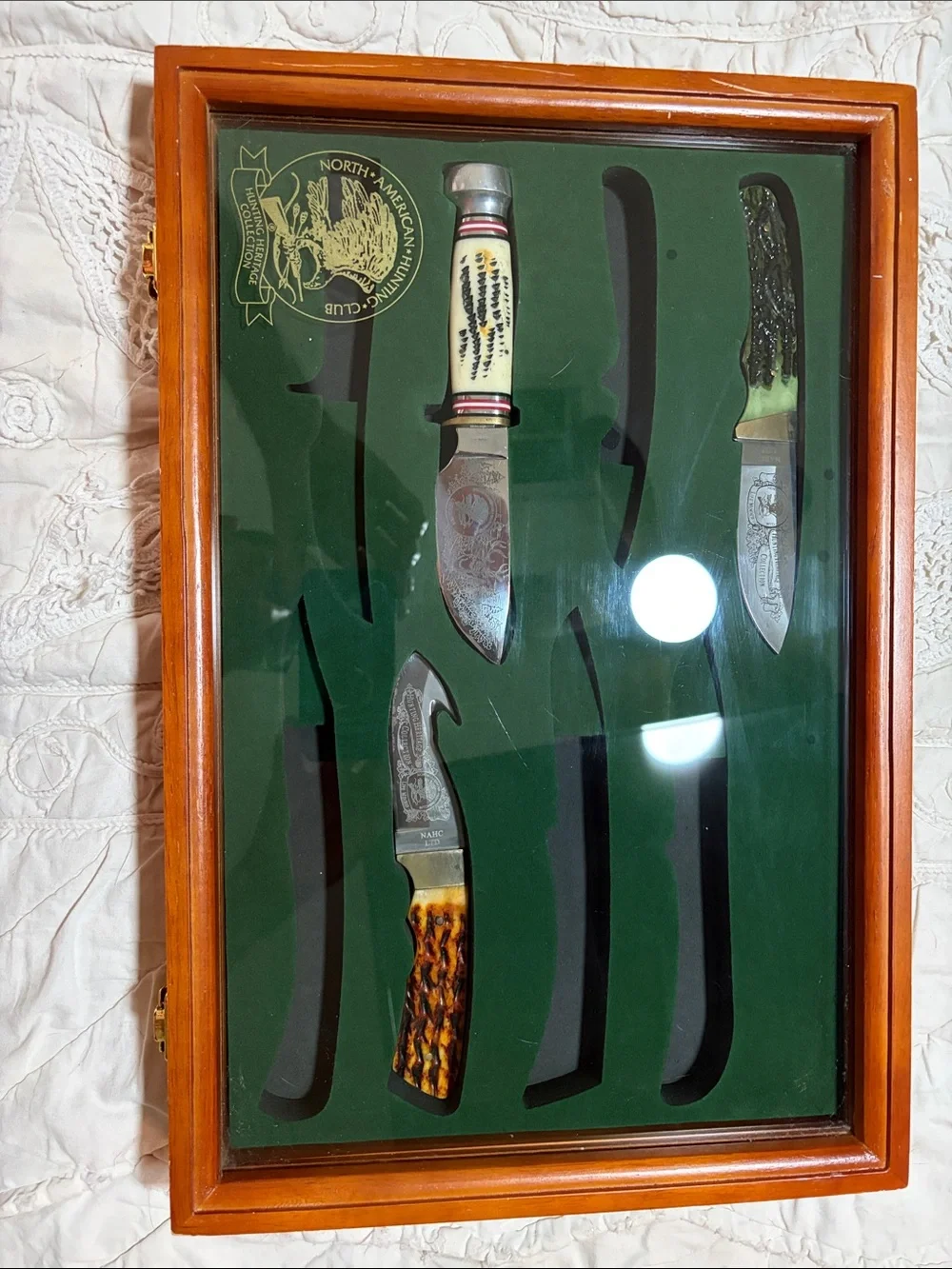North American Hunting Club Collectors Wood Shadow Box with Green Felt Insert.
